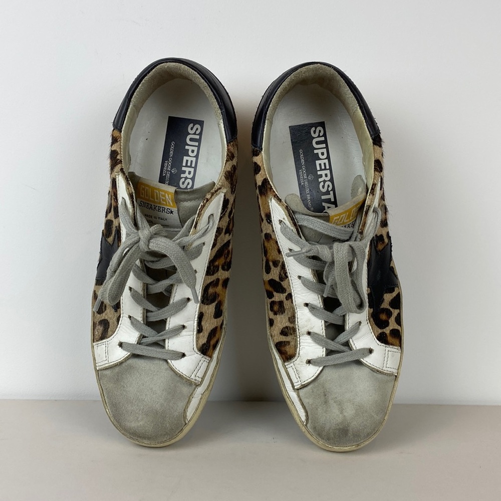 GOLDEN GOOSE
Superstar Leopard Calf Hair Sneakers in size 39